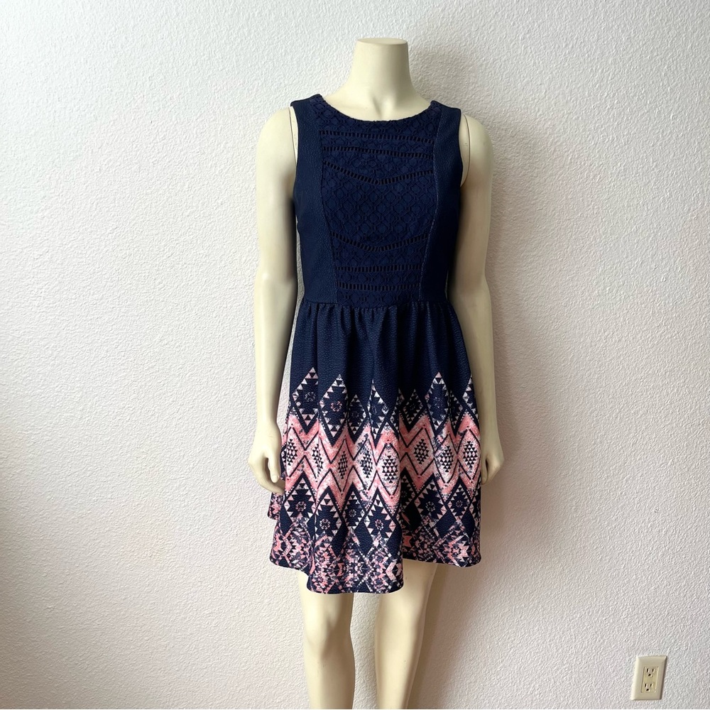 Xhilaration Navy Blue Sleeveless Dress Border Print Lace Inset Bodice Size M